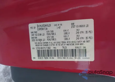 2007 Dodge Dakota Slt from USA, damaged, VIN 1D7HE48KX7S171862